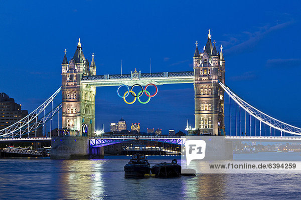 Tower Bridge with Olympic rings  London  England  United Kingdom  Europe