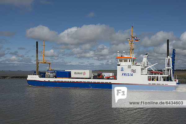 Frisia VIII  Frachtschiff für die Versorgung von Norderney und Juist  Niedersächsisches Wattenmeer  Ostfriesland  Niedersachsen  Deutschland  Europa