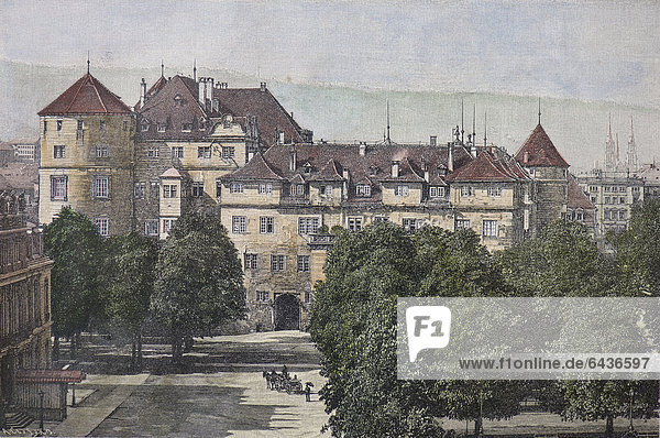 Old Castle  Karlsplatz square  Stuttgart  Baden-Wuerttembertg  Germany  a hand colored historic illustration  around 1860