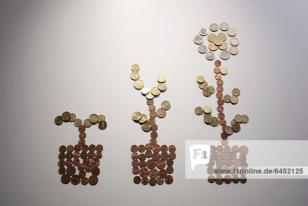 Münzen der Europäischen Union in Form einer Blüte in drei Wachstumsstadien angeordnet