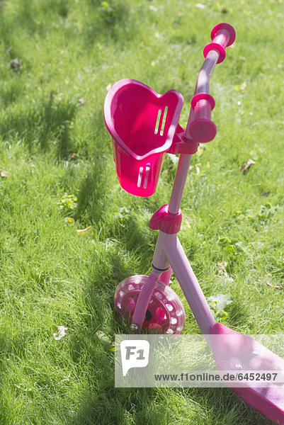 Ein rosa Schiebescooter auf Gras