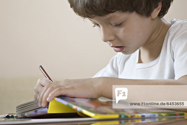Ein kleiner Junge  der sich auf sein Arbeitsbuch konzentriert.