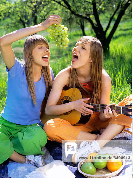 1248152 people woman women girl girls sister sisters friend friends 15-20 20-25 blonde blondes eat grape grapes fruit fruits apple apples orange oranges guitar music sit blanket outdoor garden summer orchard vertical