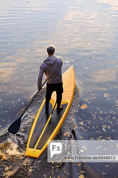 Man rowing paddle board in water  elevated view