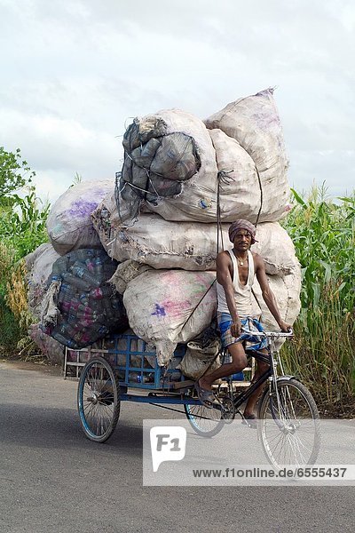 Mann  Transport  Tasche  füllen  füllt  füllend  groß  großes  großer  große  großen  Kunststoff  Indien  indische Abstammung  Inder  Asien  Ortsteil  Rikscha  Westbengalen