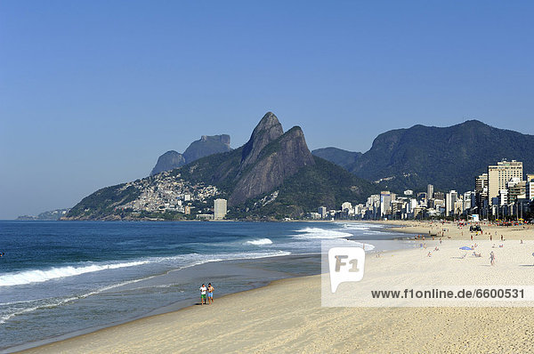 View over Ipanema Beach towards Morro Dois Irmaos or Two Brothers Mountain  Rio de Janeiro  Brazil  South America