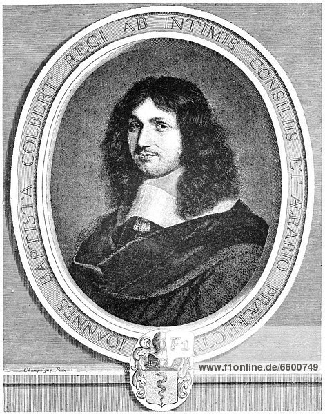 Historische Zeichnung  Portrait von Jean-Baptiste Colbert  Marquis de Seignelay  1619 - 1683  ein französischer Staatsmann und Finanzminister  Begründer des Merkantilismus oder Colbertismus