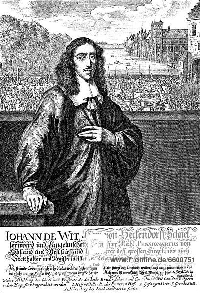 Historische Zeichnung  Portrait von Johan de Witt oder Jan de Wit  1625 - 1672  Ratspensionär von Holland und der dominierende niederländische Staatsmann im 17. Jahrhundert