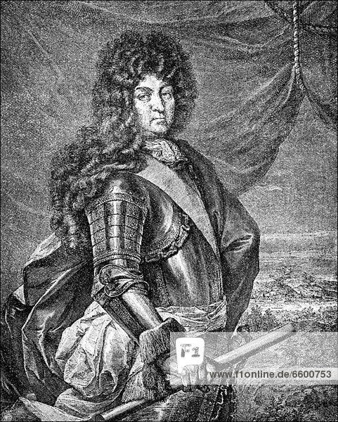 Historic drawing  portrait of Louis XIV  Louis le Grand  1638 - 1715  King of France and Navarre  called the Sun King or le Roi-Soleil