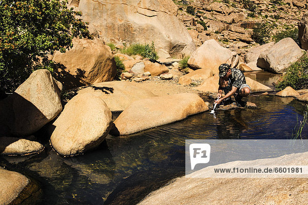 Wanderer filtert Wasser am Brandberg  Damaraland  Namibia  Afrika