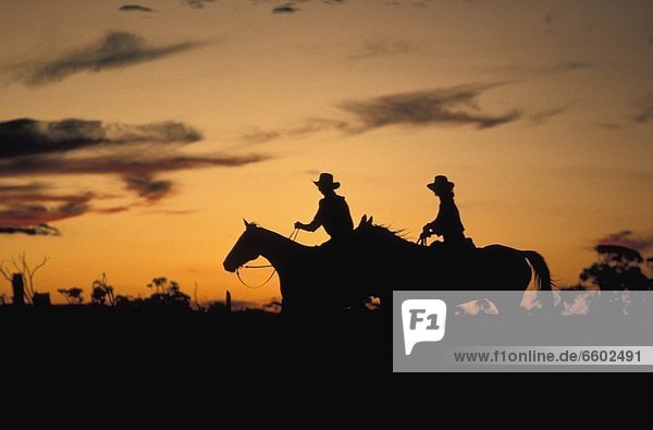 Silhouette Of People On Horseback At Sunset