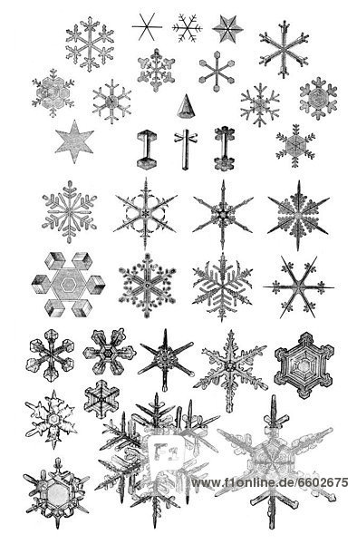 Snow crystals  historical illustration  Meyers Konversations-Lexikon encyclopedia  1897