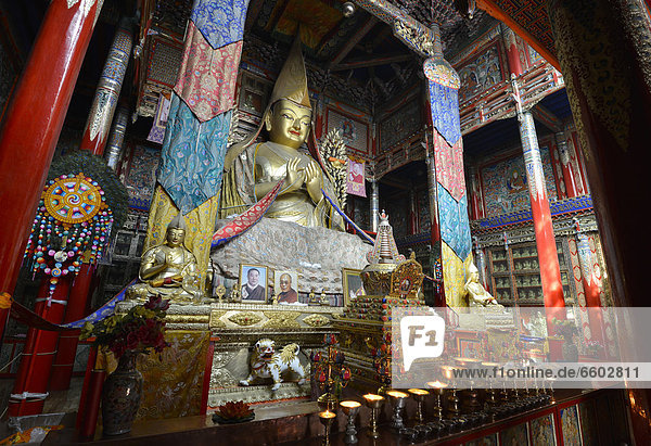 Tibetan Buddhism  gilded Buddha statue  Wutun Si Monastery  Tongren  Repkong  Qinghai  formerly Amdo  Tibet  China  Asia