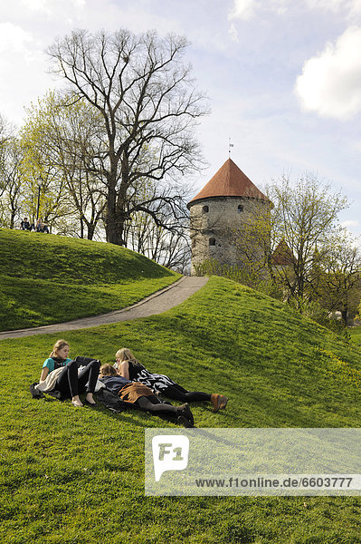 'Teenagers sitting on a meadow  ''Kiek-in-de-Koek'' cannon tower at back  Tallinn  Estonia  Northern Europe  Europe'