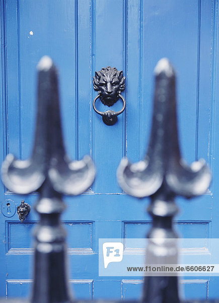 Blaue Tür mit Löwentürklopfer wie durch Eisenzaun gesehen  London
