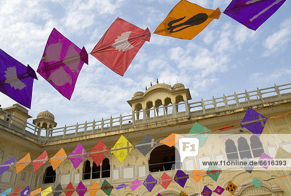 Colourful Kites Art Installation During Former Jaipur Heritage Festival  Ramchandraji Temple  Jaipur  Rajasthan  India (C) Sue Carpenter/Axiom