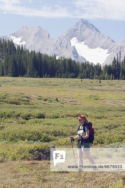 Woman Hiking On A Trail In A Mountain Meadow