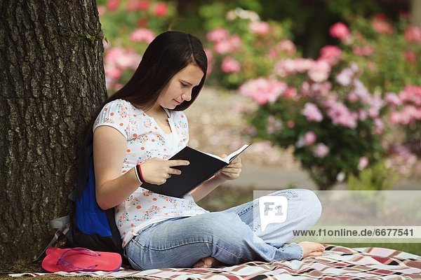 A Teenage Girl Reading A Book In The Park