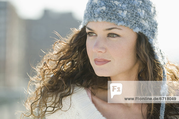 Close up of woman in stocking cap