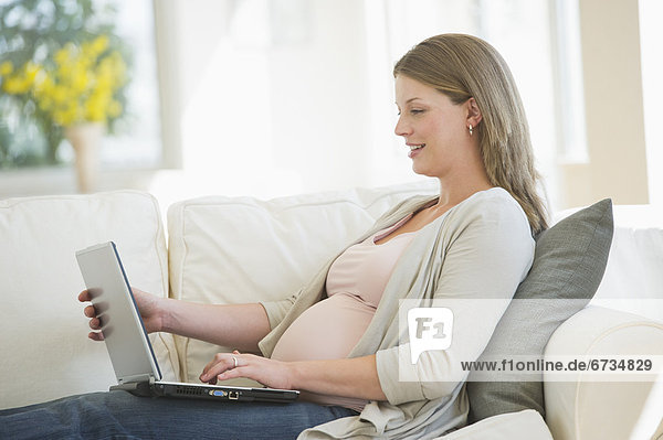 Young pregnant woman doing using laptop