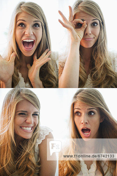 Sequence of portraits of blonde woman making faces
