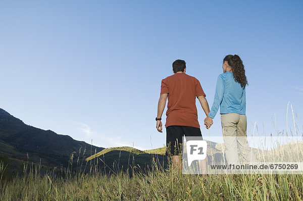 Rear view of couple holding hands  Utah  United States