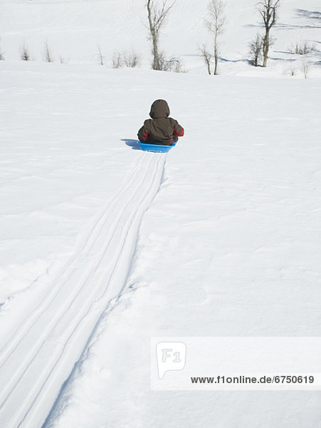 Boy riding on sled