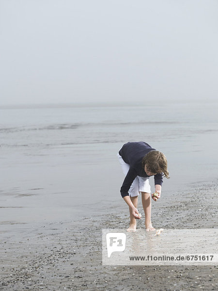 Girl finding seashells on beach