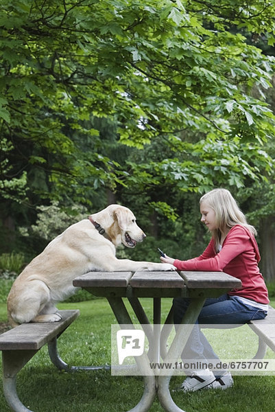 Dog sitting across from girl on picnic table