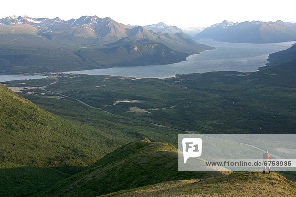 Hiker Overlooking Bennett Lake from Caribou Mountain  Carcross  Yukon