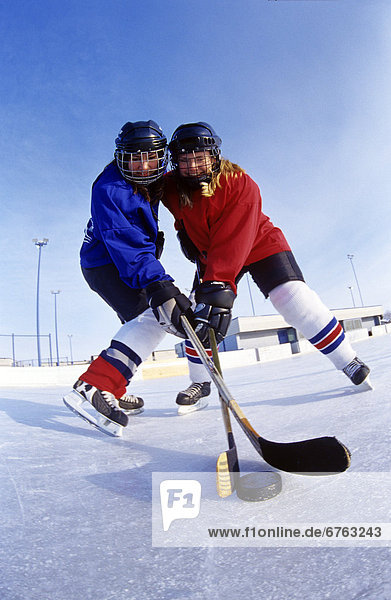 Teenage Girls Playing Hockey  Winnipeg  Manitoba