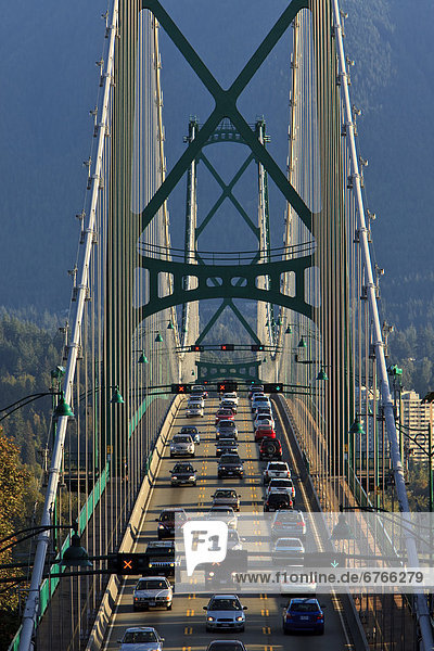 View of morning commuter traffic on Lion's Gate Bridge  Vancouver  British Columbia