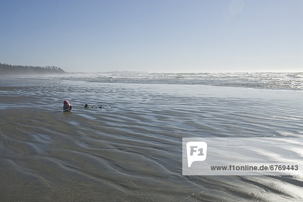 Toddler Playing at Long Beach  Pacific Rim National Park Reserve  West Coast of Vancouver Island  British Columbia