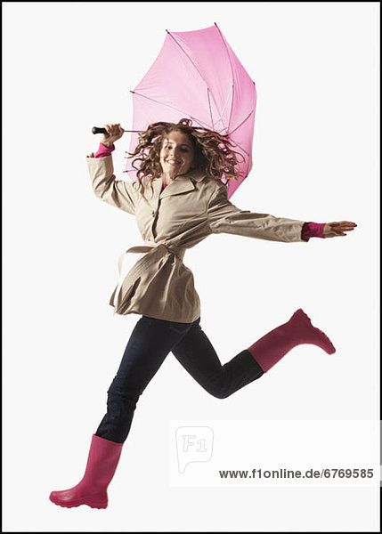 Frau  Regenschirm  Schirm  weiß  springen  Hintergrund