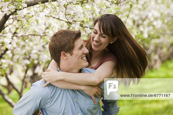 USA  Utah  Provo  Young couple embracing in orchard