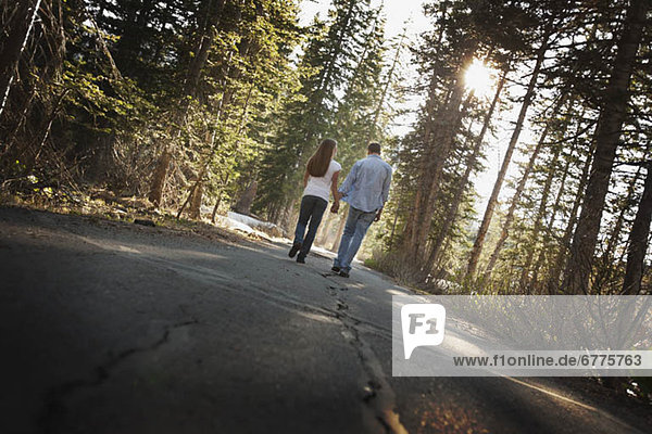 Couple walking hand in hand on a country road