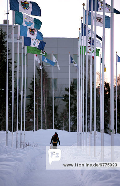 Person Walking past the Flags of Northwest Territories and its Communities  outside the Yellowknife Museum