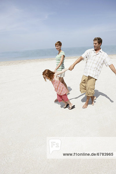 Girl holding hands with mother and father on beach