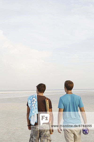 Young men walking on beach