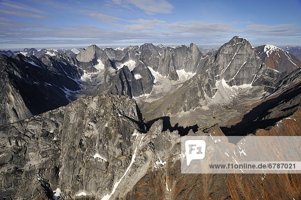 Aerial view of Cirque of Unclimbables  a circle of granite walls which draws rock climbers from all over the world  Nahanni National Park  Northwest Territories