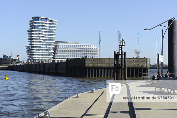 View from the Elbe Philharmonic Hall pier on the Marco-Polo-Tower and Unilever building  Ueberseequartier  Strandkai  Grasbrookhafen  HafenCity  Hamburg  Germany  Europe