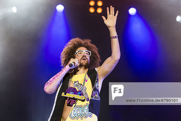 Singer and frontman Redfoo  Stefan Kendal Gordy  from the American electro-hop band LMFAO  performing live at Heitere Open Air in Zofingen  Aargau  Switzerland  Europe