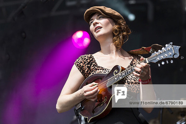 Anne Marit Bergheim with a mandolin from the Norwegian girl band Katzenjammer performing live at Heitere Open Air in Zofingen  Aargau  Switzerland  Europe
