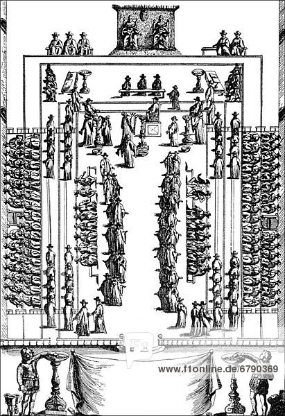 Historische Zeichnung  Modell der Abstimmung im englischen Parlament nach der Vorstellung im Werk The Commonwealth of Oceana  1656  von James Harrington  1611 - 1677  ein englischer Philosoph