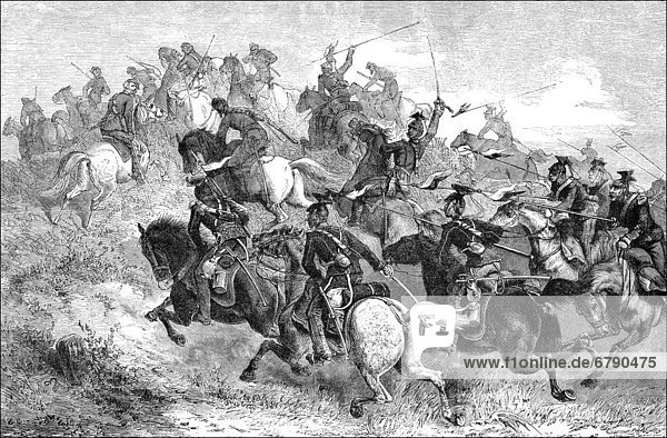 Historische Zeichnung  Angriff von preußischen Ulanen auf chasseurs d'Afrique im Deutsch-Französischen Krieg