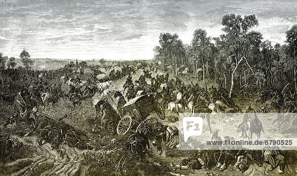Historical drawing  Battle of Woerth or Bataille de-Froeschwiller Woerth  Battle of Reichshoffen  6 August 1870  in the Franco-German War or Franco-Prussian War  near Woerth in Alsace  France  Europe