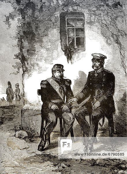 Historical drawing  meeting between Otto von Bismarck and Napoleon III to surrender on 2 September 1870  after the Battle of Sedan  in Donchery  Ardennes  France  scene from the Franco-Prussian War or Franco-German War 1870-1871  between the French Empire and the Kingdom of Prussia