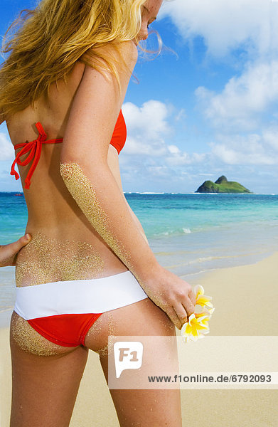 Hawaii  Oahu  Lanikai  Bikini bekleideten Mädchen am Strand hält Plumeria Blumen  Anzeigen von hinten.