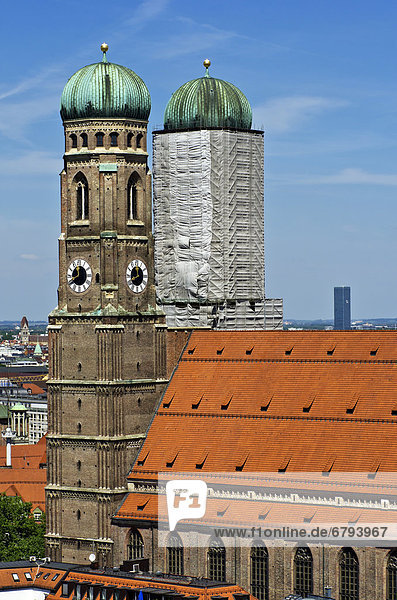 View of the steeples of Frauenkirche church as seen from the steeple of the Church of St. Peter  historic district  Munich  Upper Bavaria  Bavaria  Germany  Europe