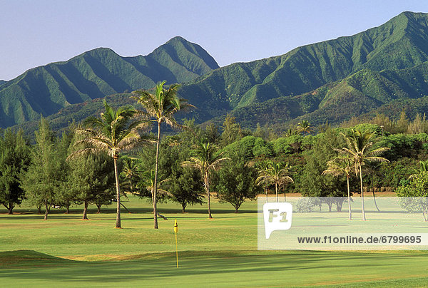 Hawaii  Maui  Waiehu Municipal Golf Course  putting green  mountains in background